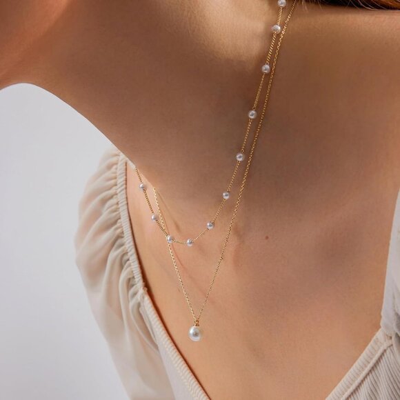 Layered Gold Chain Pearl Necklace Gold-Plated Women's with Imitation Pearls - Picture 3 of 6